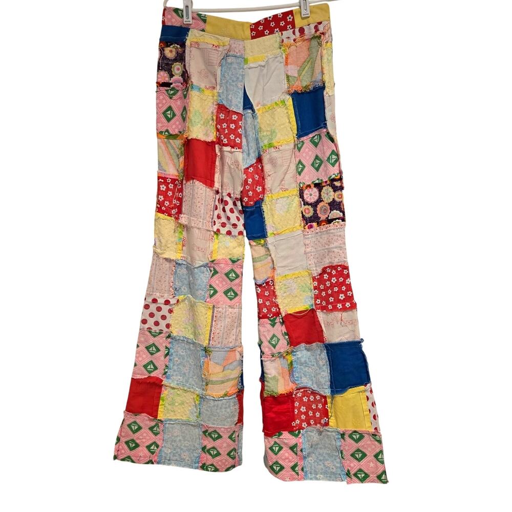 Vintage Patchwork Quilt Cropped Pants High Rise Boho Flare Artisan Small S - Picture 2 of 8